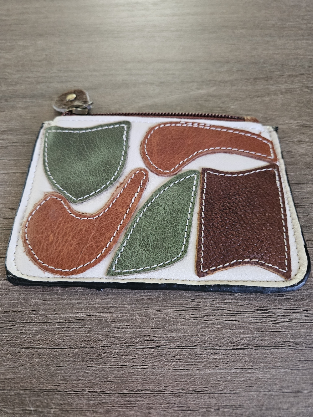 Leather Patchwork On Cowhide Coin Pouch in Green, Brown & Tan-NWOT